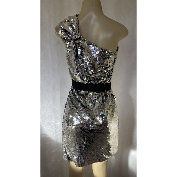 NWT Carven Sequin Dress One Shoulder Silver Metallic Asymmetric Sheath 3… - Picture 8 of 14